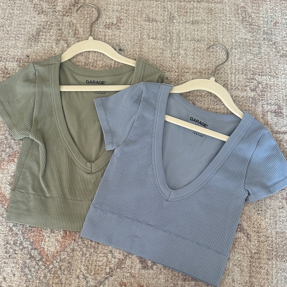 Garage Women's Ribbed V-Neck Tops - Green and Blue